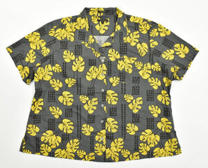 Twinhill Mens 3X Tropical Monstera Leaf Short Sleeve Button Shirt Gray Yellow